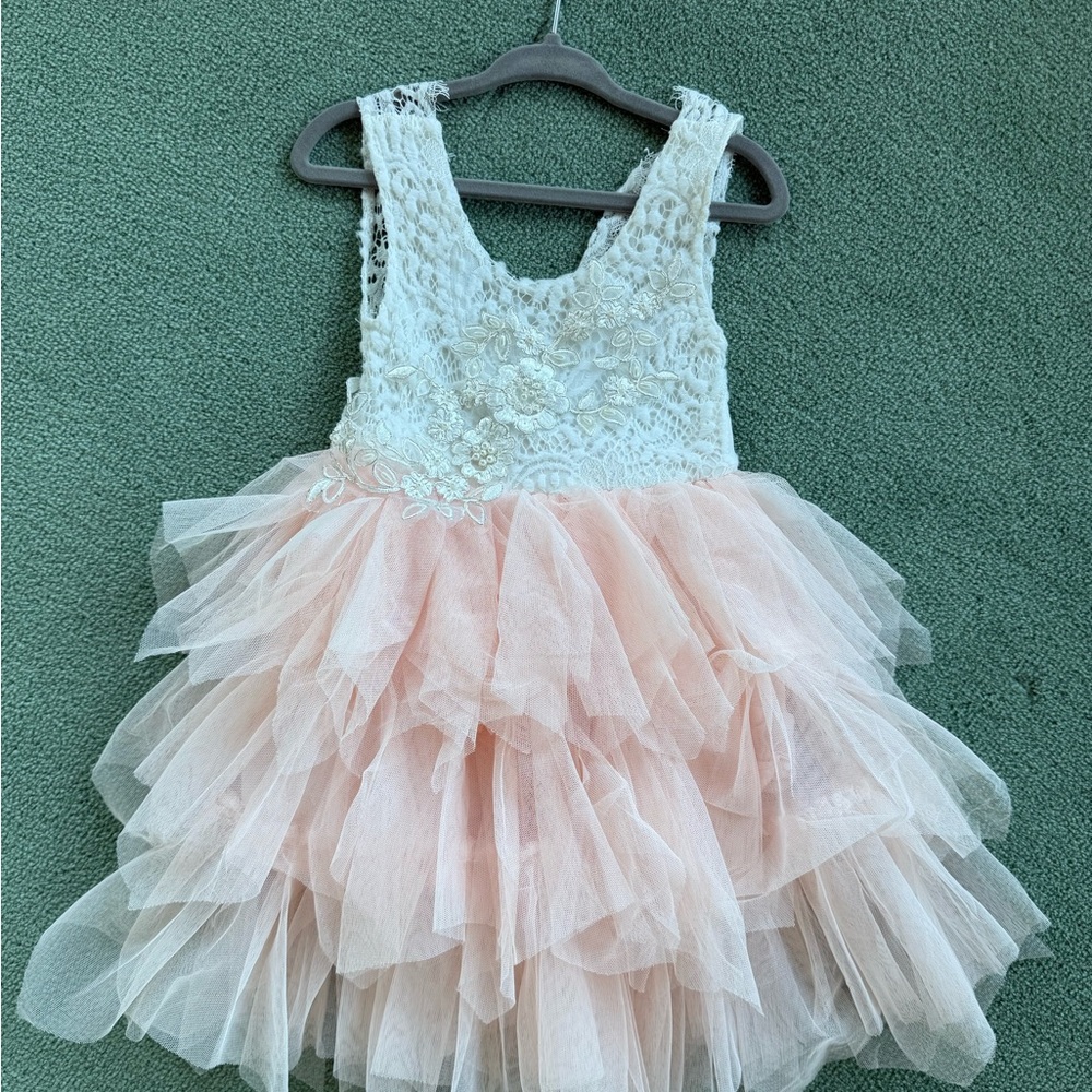 2Bunnies Girl Peony Lace Back A-Line Tiered Tutu Tulle Party Flower Girl Dress